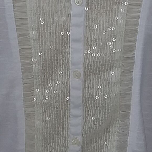 American Eagle Sequin Button Down Sleeveless Blouse w/ Sheer Ruching Siz… - Picture 3 of 9